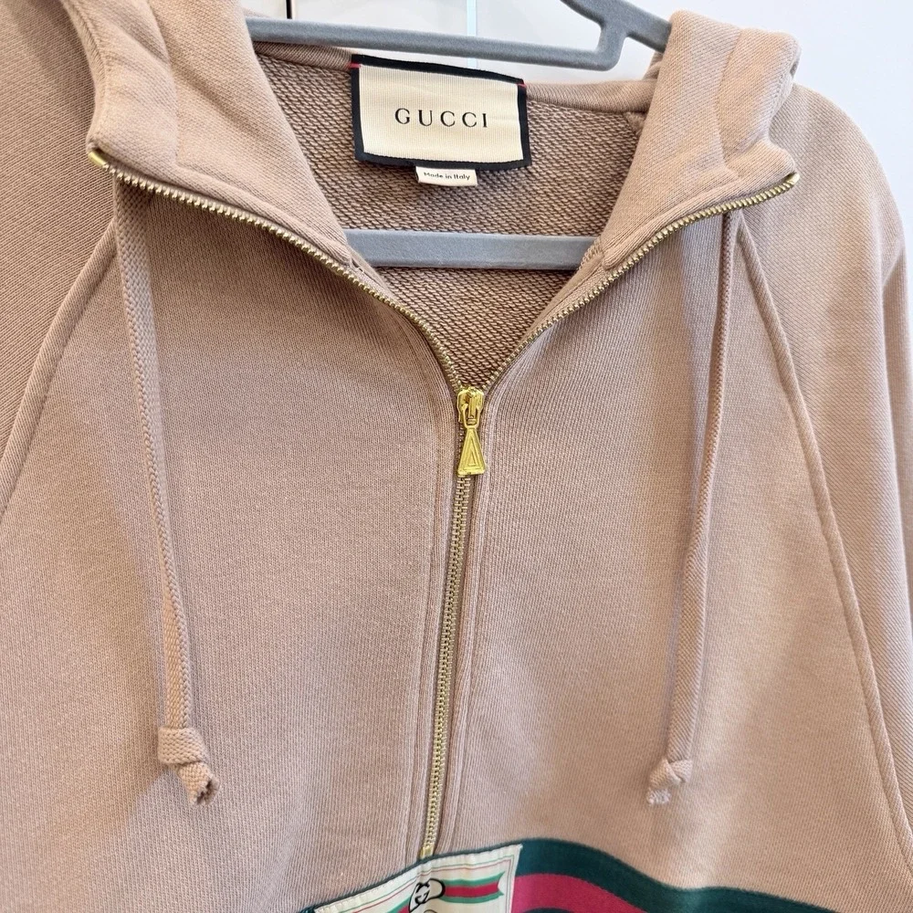 Gucci Half Zip Hoodie Web Stripe Logo Patch Beige Pink Cotton Size S Italy